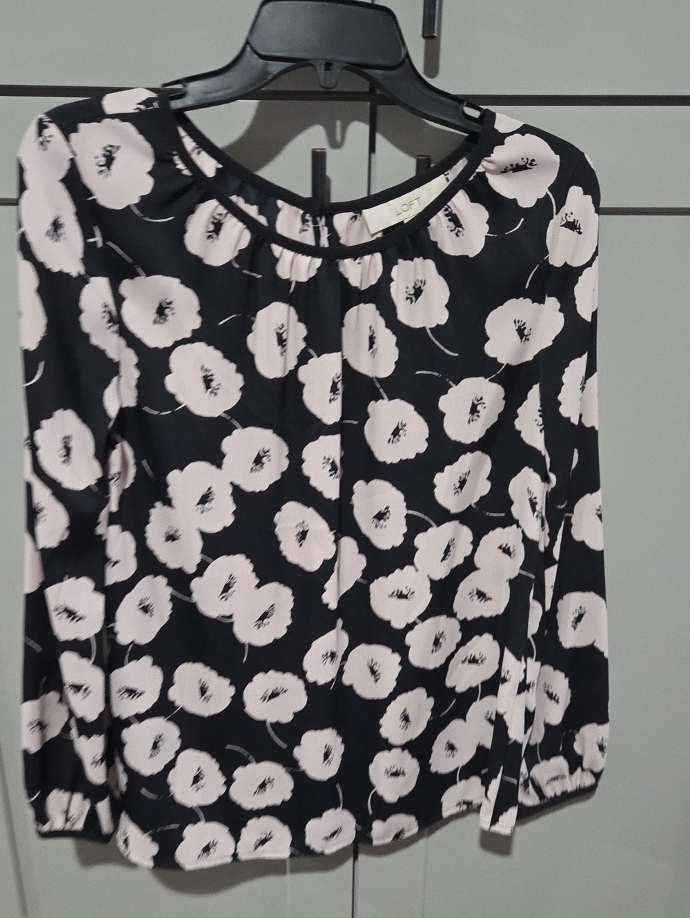 LOFT Black Blouse with Pale Pink Floral Print